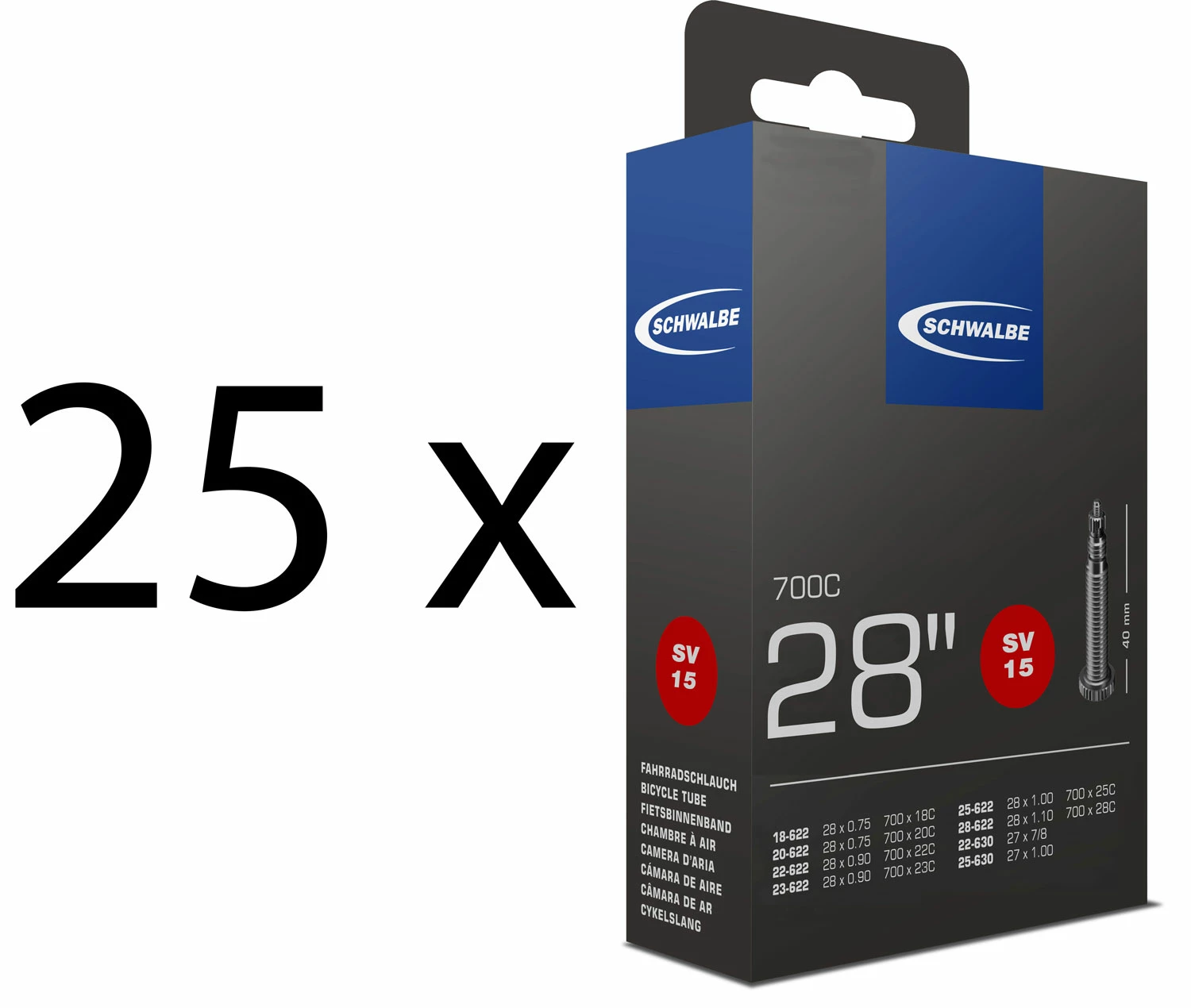 Schwalbe Chambre à Air SV 15 Pour 28" (25 Pièces) 1 Schwalbe Chambre à Air SV 15 Pour 28" (25 Pièces)